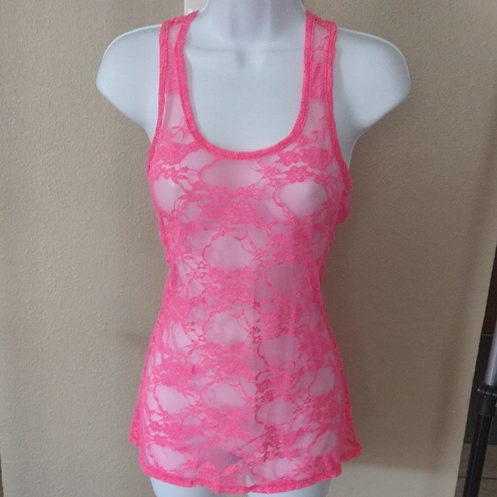 NWOT Vibrant Pink Sheer Lace Tank by Body Central- Great For Neon Parties